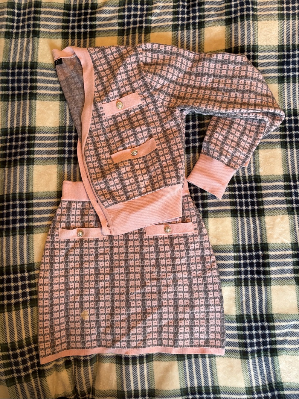 Pink & Gray Plaid Sweater Cardigan & Skirt Set